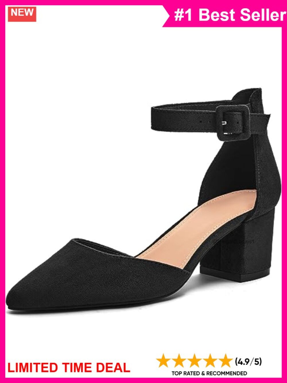 Pointed Toe Pumps Ankle Strap Chunky Block Heel D'Orsay Faux Leather Shoes
